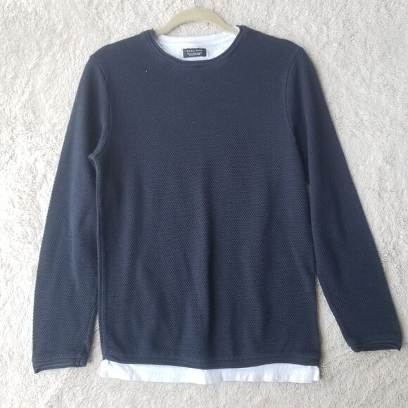 Zara Man Sweater Men's M Blue Crewneck Woven Textured Fisherman Neutral - Picture 1 of 8